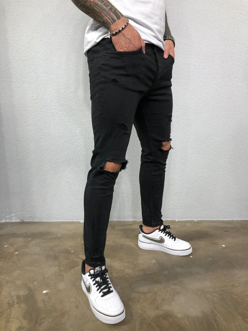 High-quality Jeans European-style spring and summer men's ripped stretch-foot torn trousers support mixed batch
