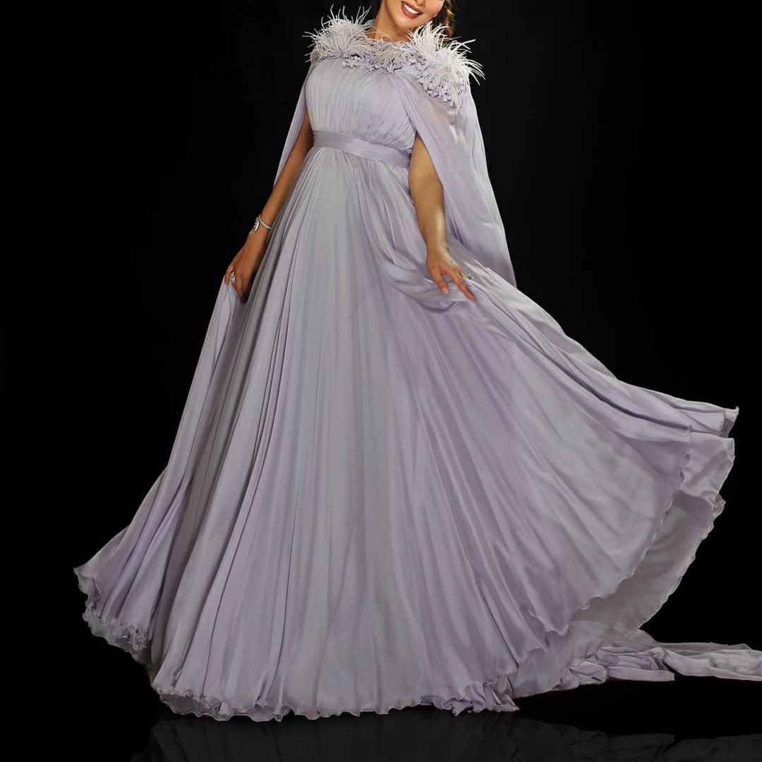 2020 Light Purple Prom Dresses With Cape A Line Ruffles Feather Fairy Evening Gowns Custom Made Cheap Formal Dress Party Wear