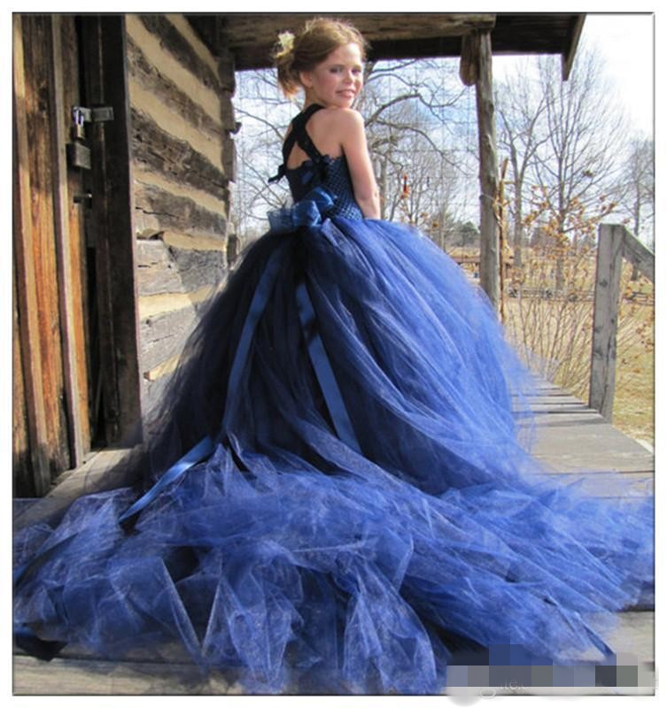 wer Blue Girls Dresses Straps Tulle Chapel Train Sash Bow Princess Formal Wedding Party Gown Ballgown Pageant Wear Custom Made