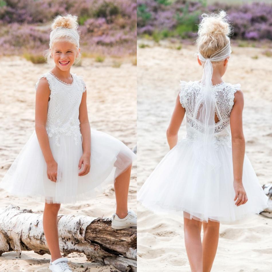 white bohemian flower girls dresses jewel neck lace kids wear knee length girls pageant gowns backless appliqued girl dress