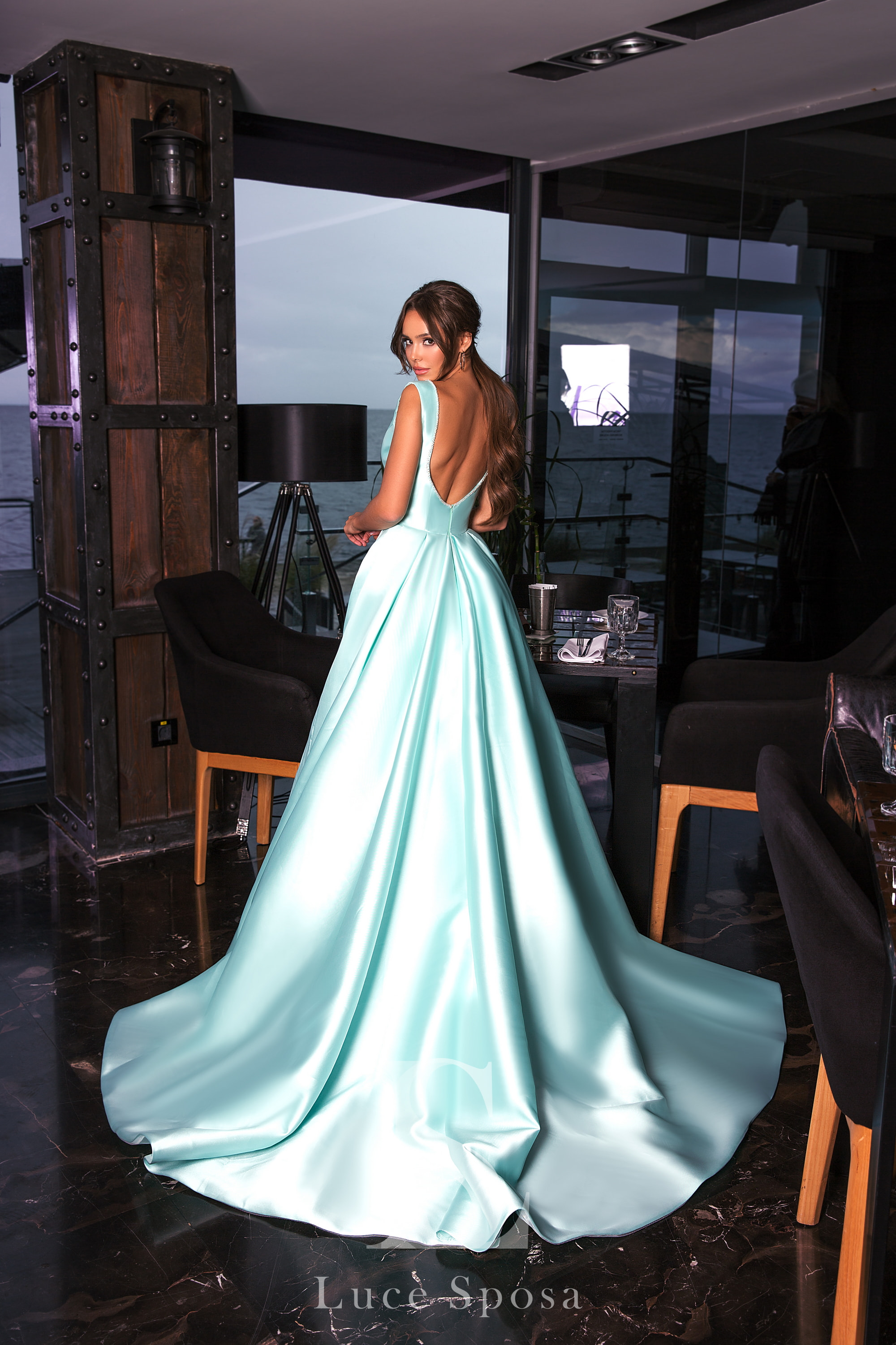 sky blue evening dresses v neck sleeveless beaded satin prom gown backless ruffle sweep train custom made formal party gown