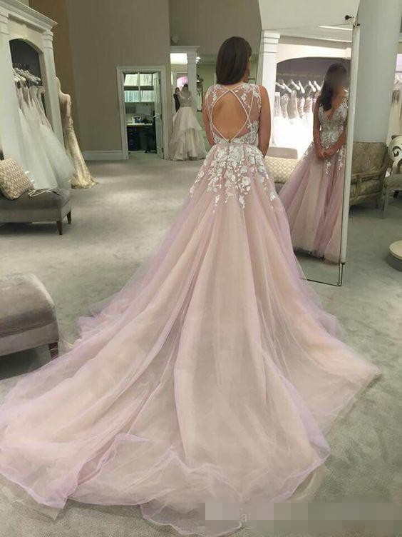 Pink A E Blush Dresses Sexy Deep V Neck Lace Applique Hollow Back Tulle Custom Made Wedding Bridal Gown Vestido De Novia Pplique Estido 6660306