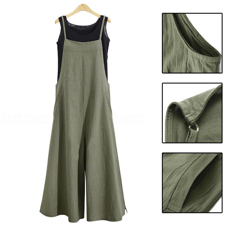 New Summer Women Casual Solid Strap Wide Leg Pants Pockets Romper Dungaree Bib Overalls Loose Cotton Linen Jumpsuits Casual T200303