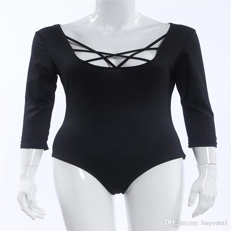 2020 Hot Sexy Women 3/4 Sleeve Bodysuit Bodycon Lady Leotard Body Tops Jumpsuit T-shirt V Neck Hollow out Bodysuit