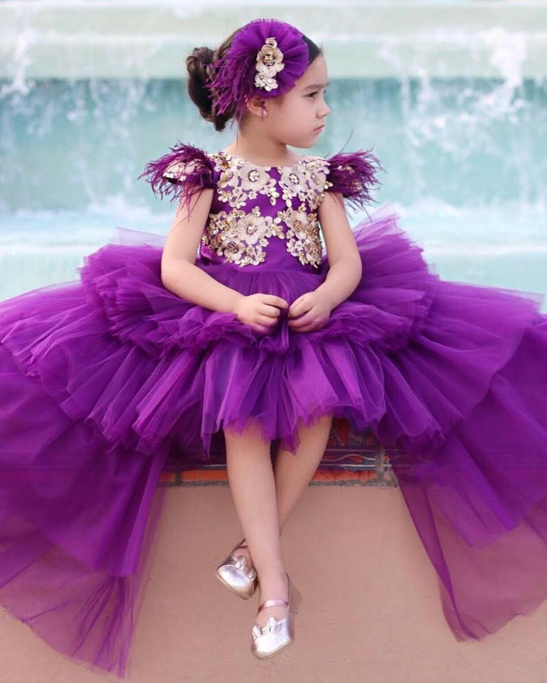 Purple Flowers Girls Dresses Lace Appliques Beads Feather Tiered Skirts High Low Kids Toddlers Pageant Gowns Party Prom Dress