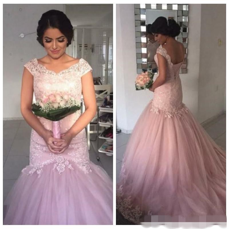 Mermaid Charming Pink Evening Dresses Lace Applique Sweep Train Scalloped Necke Capped Sleeves Formal Ocn Wear Prom Party Gowns 6660305