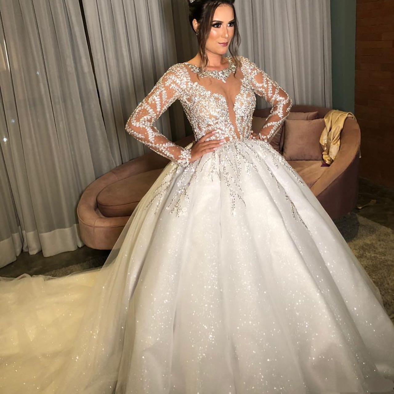 Sparkly Luxury Sheer O-neck Wedding Dresses with Illusion Long Sleeve 2020 Shiny Lace Pleats Beaded Arabic Church Wedding Gown