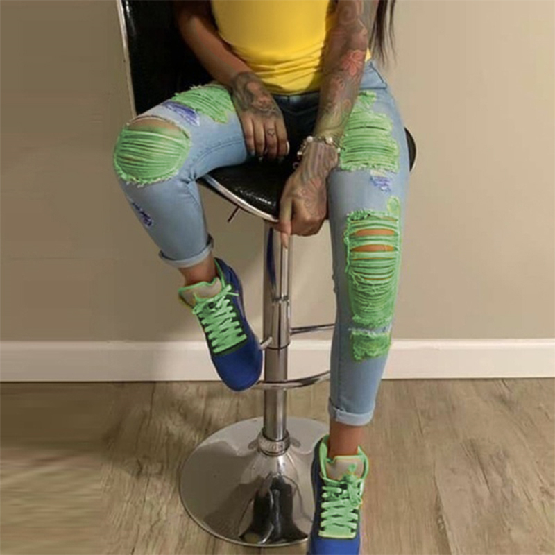 Orange Print Ripped Jeans For Women Denim Pencil Pants High Waist Skinny Boyfriend Jeans Torn Jeggings Large Size Mom 2020