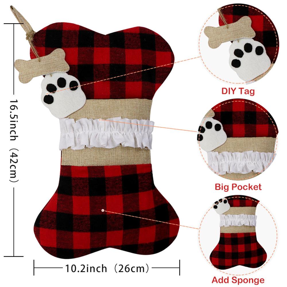 Big Plaid Puppy Dog Christmas Stocking 42cm*26cm Cotton and Burlap Bone Christmas Gift Bags for Dog