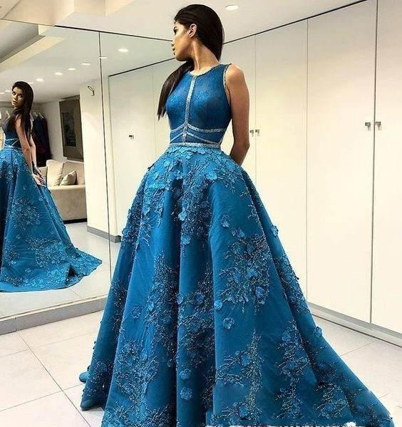 2020 New Arrival A Line Evening Dresses Hollow Sleeveless Lace Applique Sequins Formal Dresses Sweep Train Jewel Neck Party Gown