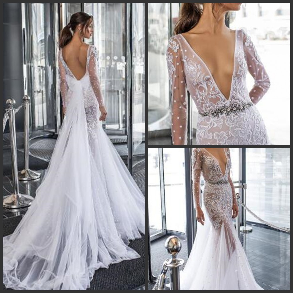 2019 Dimitrius Dalia Mermaid Wedding Dresses Bridal Gowns robe de mariée Long Sleeve V Neck Lace vestito da sposa Beach boho wedding dress