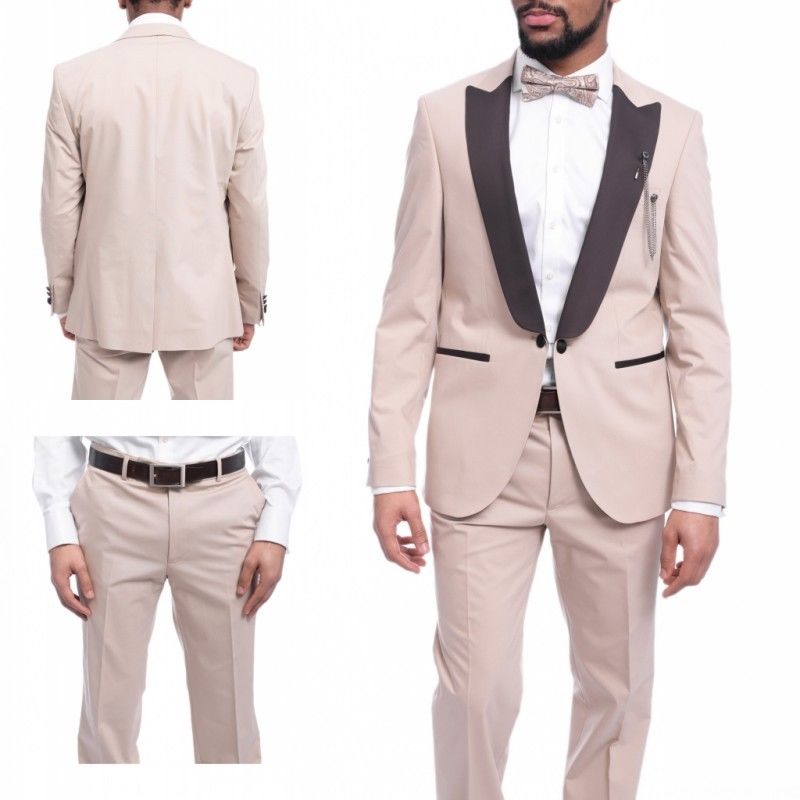 Beige Mens Suit Slim Fit 2 Piece Tuxedo Groom Wedding Suits Custom Prom Blazer Wedding Tuxedos