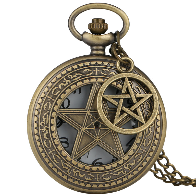 Bronze Pocket Watch Hollow Out Pentagram Star Men Women Quartz Analog Display Watches Necklace Pendant Chain Small Stars Clock Gift for Kids
Bronze Pocket Watch Hollow Out Pentagram Star Men Women Quartz Analog Display Watches Necklace Pendant Chain Small Stars Clock Gift for Kids