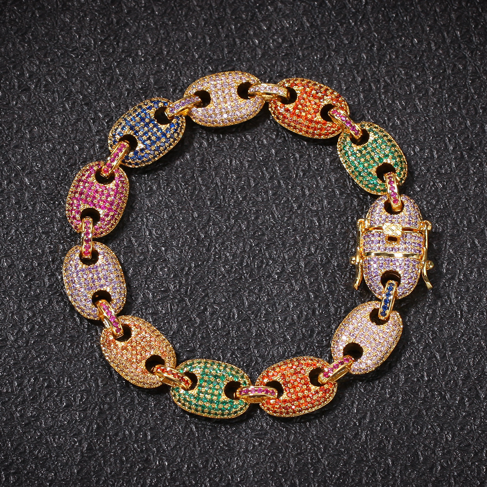 13mm Hip Hop Shining Colorful Zircon Tennis Bracelet 18k Gold Plated Men Women Bling Coffee Beans Chain Bangle