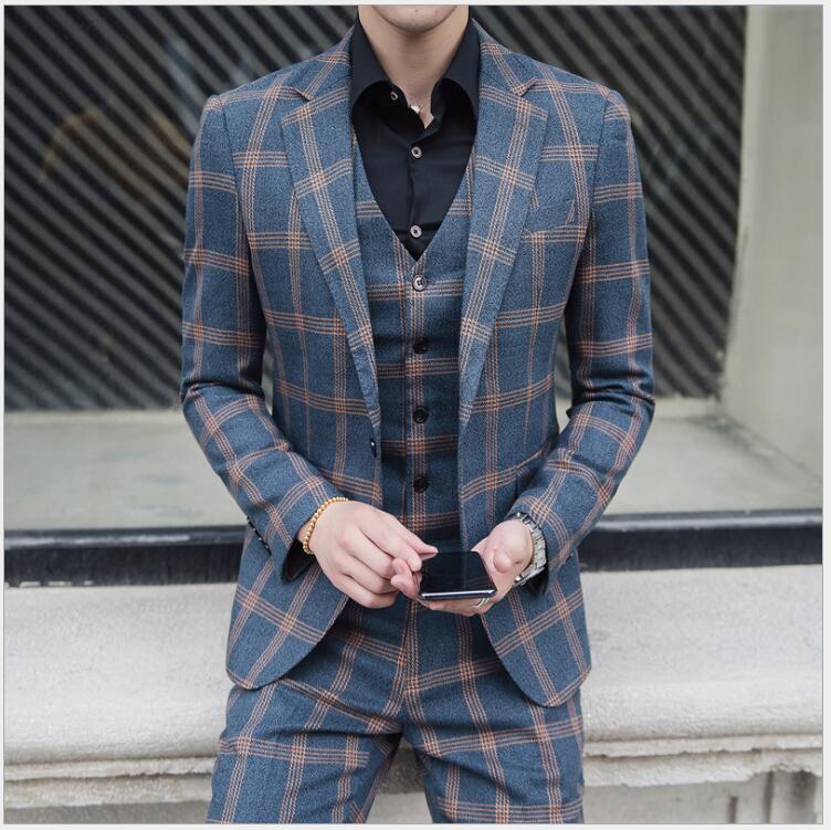 Fashion Plaid Tweed Bridegroom Wedding Clothing Best Men Suits Three Pieces (Blazer+Pant+Vest) Business Banquet Tuxedos For Sale