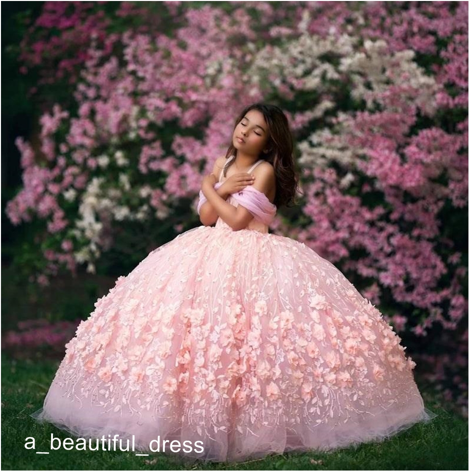 Pink Ball Gown Flower Girl Dresses for Wedding Off Shoulder Lace Beaded Girls Pageant Dress First Communion Gowns Party Wear FG1310