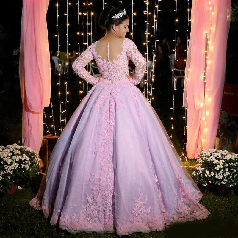 Sweet Puffy Skirt Quinceanera Prom Dresses with Long Sleeve Appliques Beaded Sequin Sweet 15 Dress Sweep Train Formal Wears