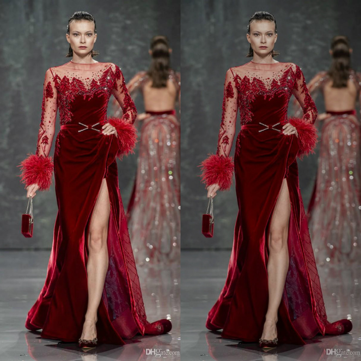 ziad nakad red evening dresses velvet feather beads lace split prom gowns plus size formal party dress robes de soire