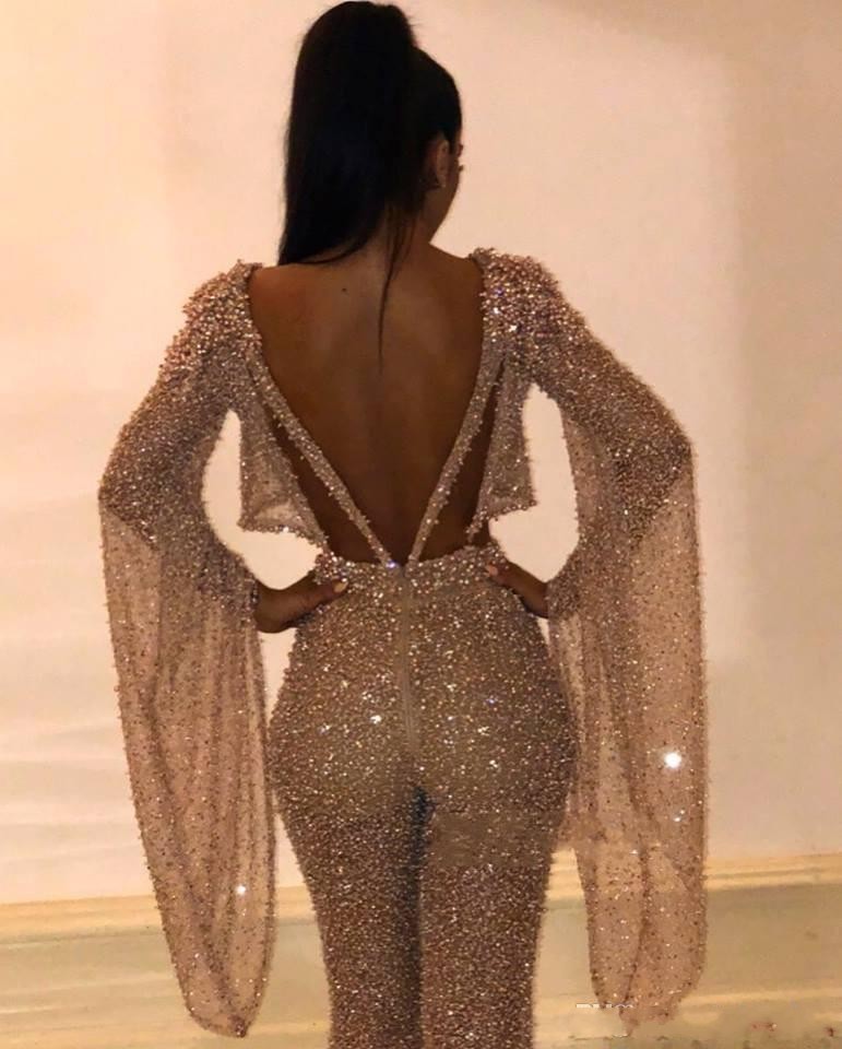2019 Sparkly Sequined Two Pieces Pant Suit Prom Dresses Sheath Long Sleeves Plus Size Formal Dresses Party Evening Gowns Custom Made BC0240