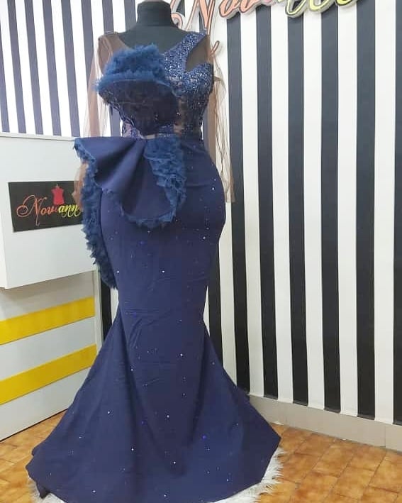 Navy Blue Lace Beaded Mermaid Evening Dress Sexy Formal Party Prom Dresses Long Sleeve