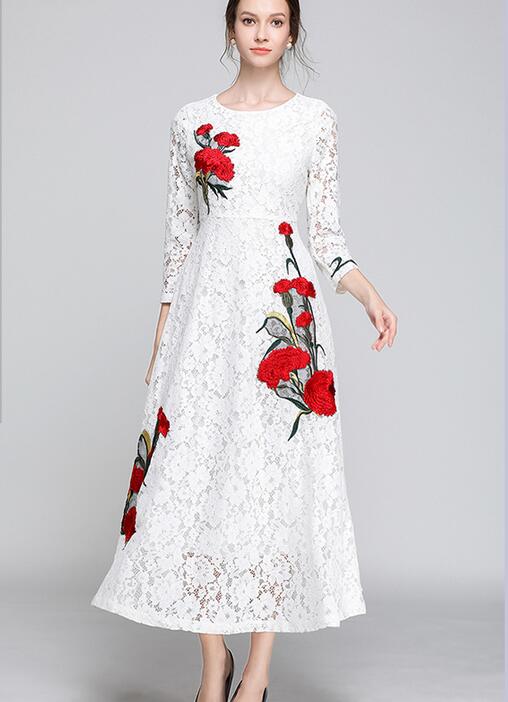 Crew neck Red Flora embroidery white lace long summer dress A-line street style dresses Mid-Calf, Black
Crew neck Red Flora embroidery white lace long summer dress A-line street style dresses Mid-Calf, Black