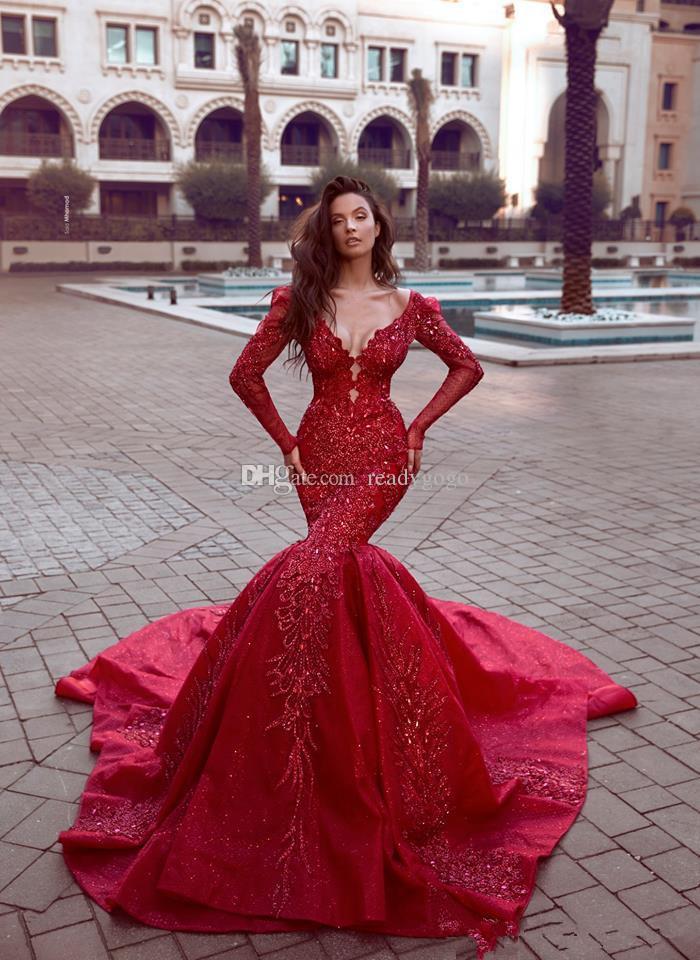 Sparkly luxury Evening Dresses Indian Mermaid Reception Gothic Prom Dress Long Sleeve Cheap Beaded Muslim Plus Size Party Gowns 2019