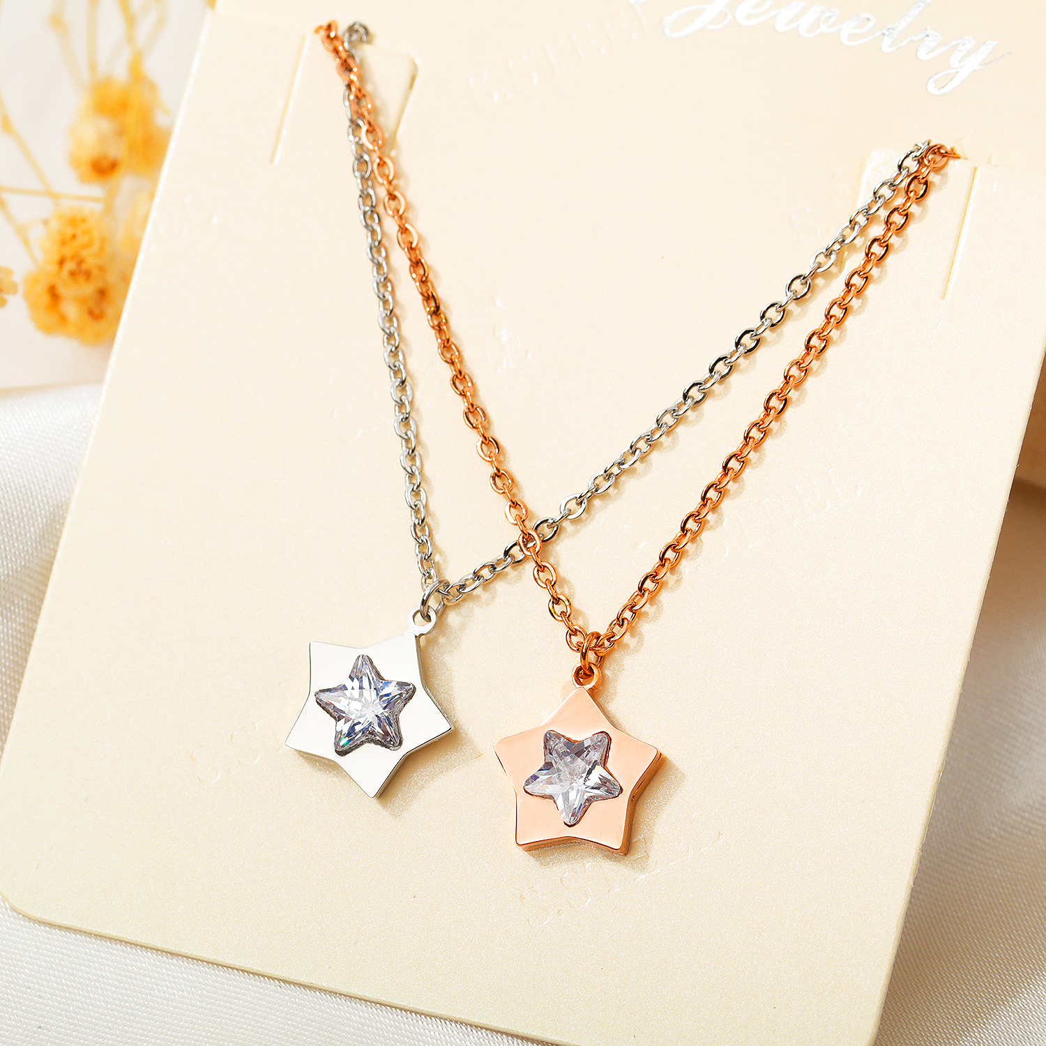 Pentagram Star Pendant Necklace Bling Diamond Stone 14K Gold Plated Pendants Jewelry Women Girl Friend Gift