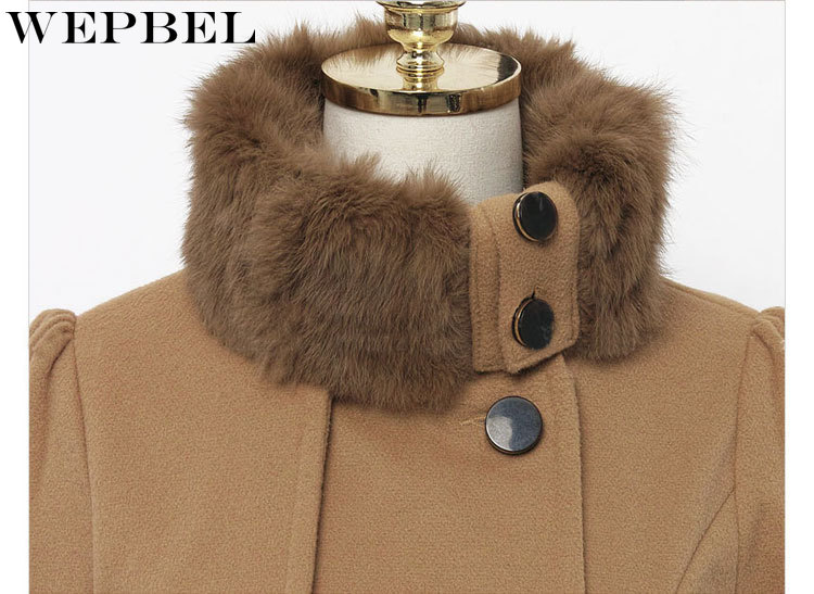 WEPBEL Womens Vintage Woolen Coat Double Buckle Trench Coats Lady Fur Collar Peacoat Winter Coat Jackets Outwear Plus Size 5XL