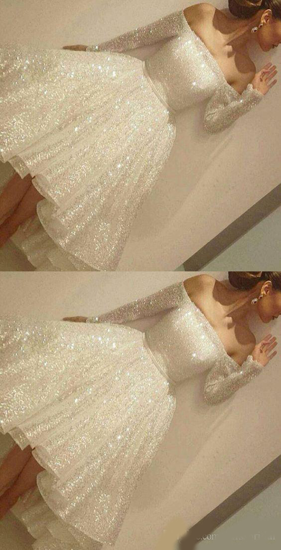 2020 New Arrival White Shine Short Homecoming Dresses Sequins Off The Shoulder Long Sleeve Party Dress Thin Ribbon A-Line Cocktail Dress
