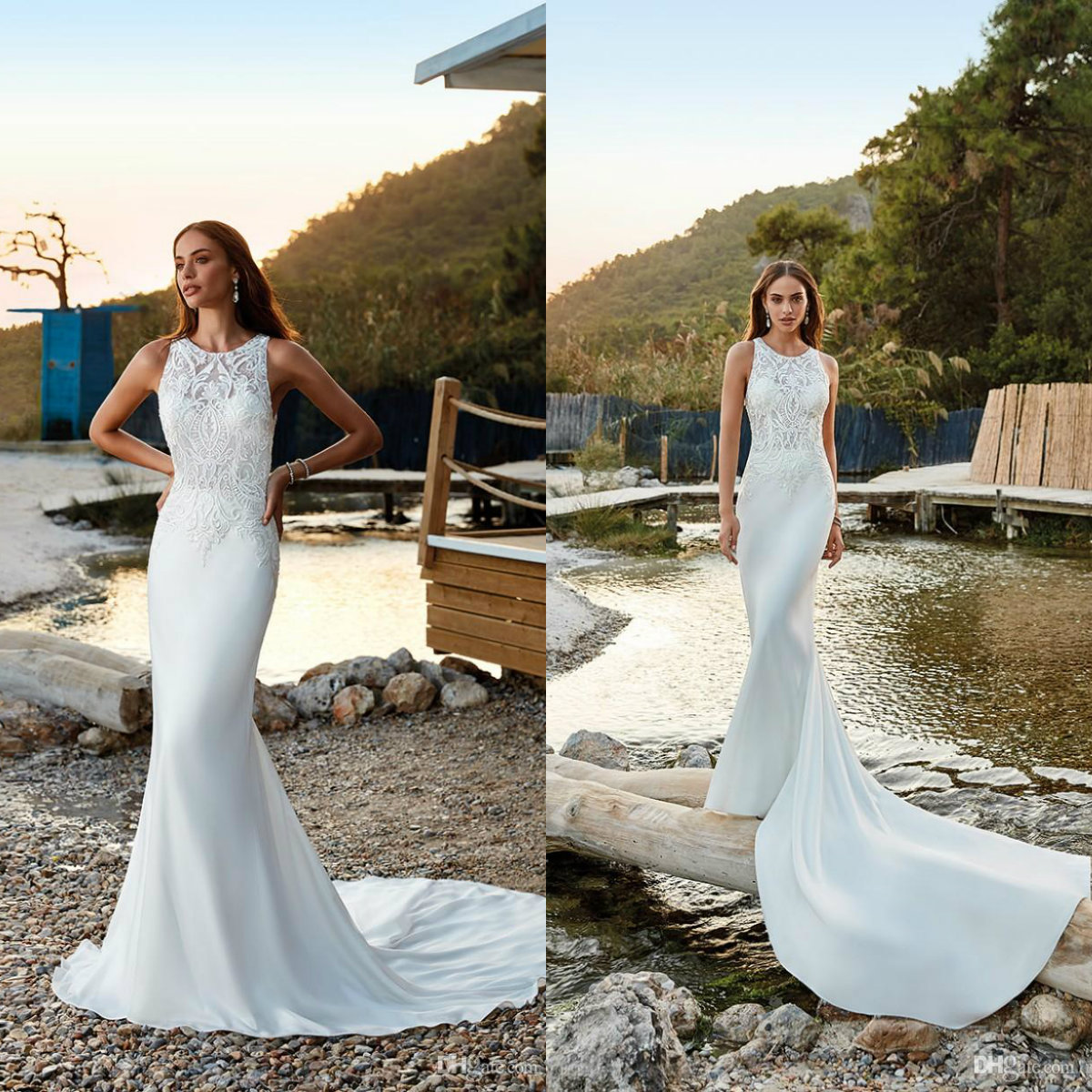 Eddy k Beach Mermaid Wedding Dresses Jewel Neck Lace top Satin Bridal Gowns Button Back White Wedding Dress Plus Size