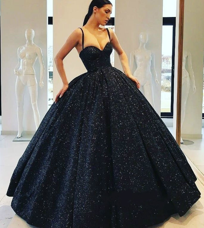 Dark Navy Prom Dresses Spaghetti Bling Glitter Ball Gown Floor Length Custom Made Gorgeous Evening Dress Formal Occasion Gowns