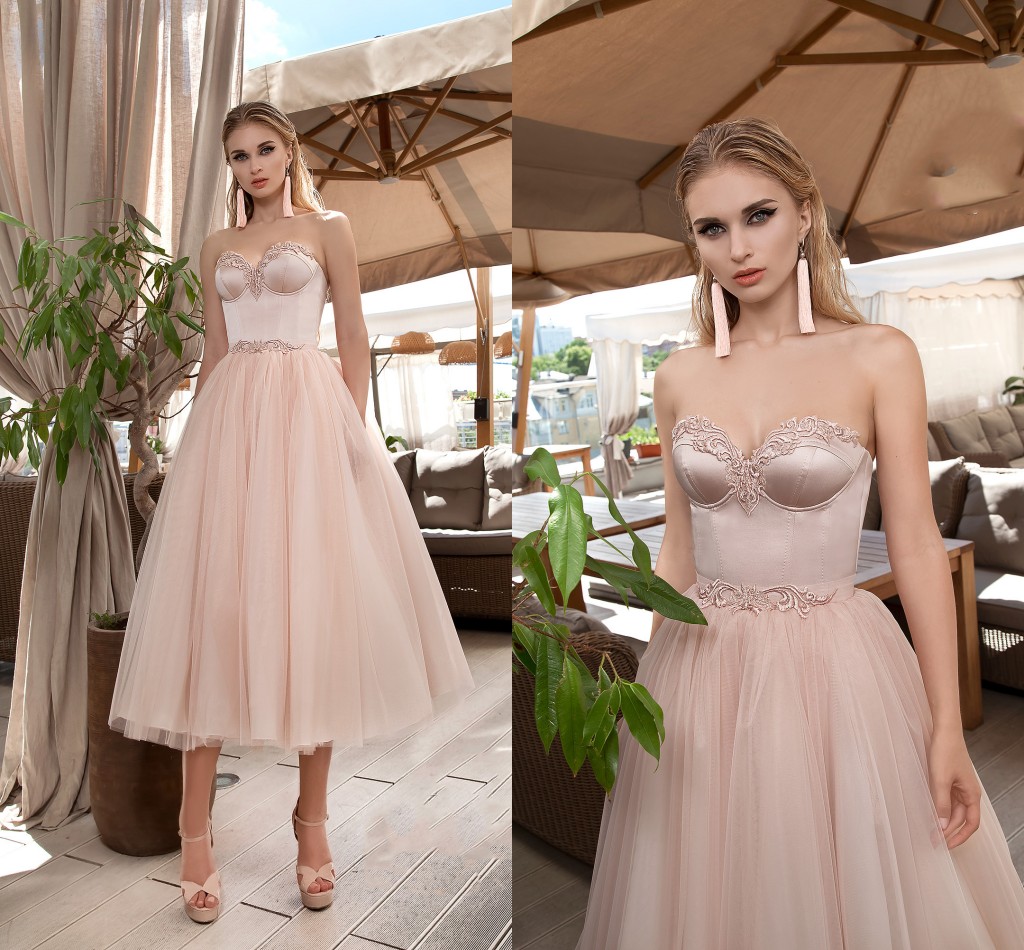 2019 Sweety Prom Dresses Sweetheart A Line Quinceanera Dresse Lace Appliqued Cheap Evening Gowns Tea-length Formal Dress