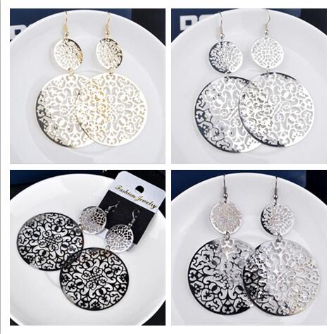 New arrivals Classic circular alloy Hollowing Earrings Gold silver black Exaggerated Pendant Earrings woman Fashion jewelry