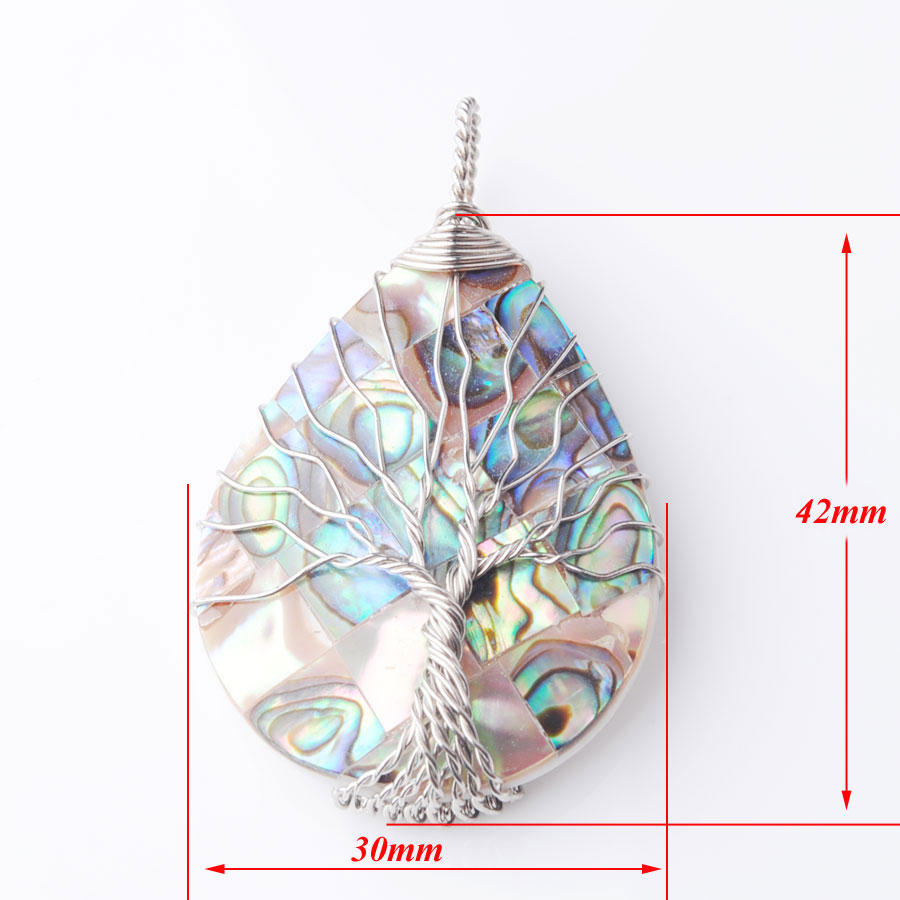 WOJIAER Tree of Life Silver Wire Wrap Water Drop Bead Necklace & Pendant Natural Abalone Shell Jewelry Chain 18 Inch W9308