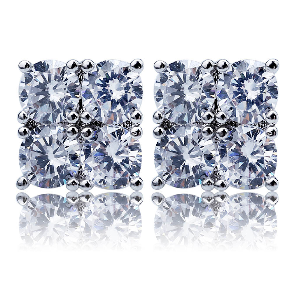 Hip Hop Square Stud Earrings Screw Back Large White Zircon Gold Plated Earrings Vintage Geometric Jewelry