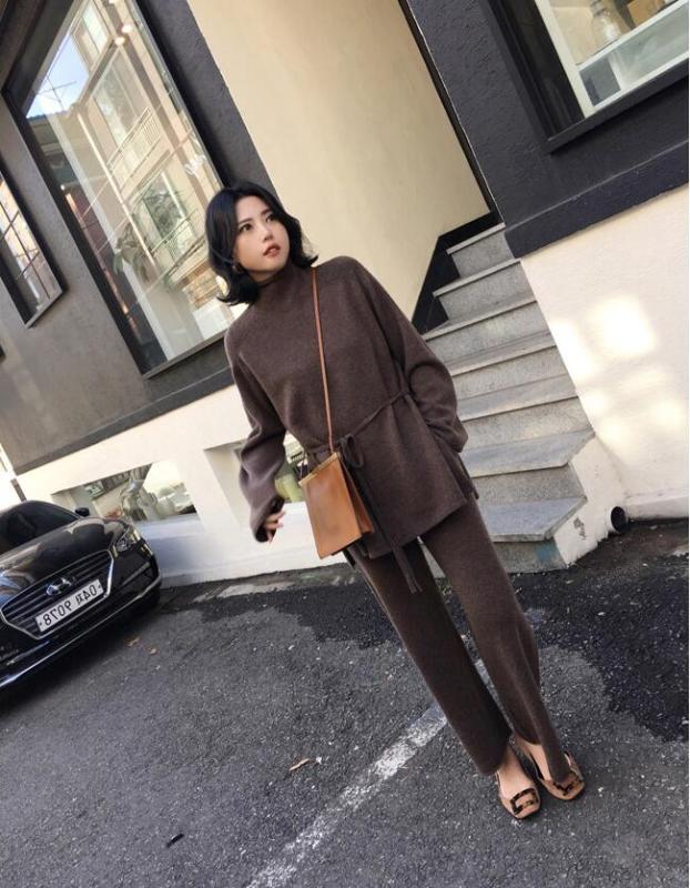 Women's Tracksuits OKXGNZ Women Sweater Set Wool Cashmere Wide Leg Pants Suit 2 Piece Turtleneck Top Bandage Two Piece1