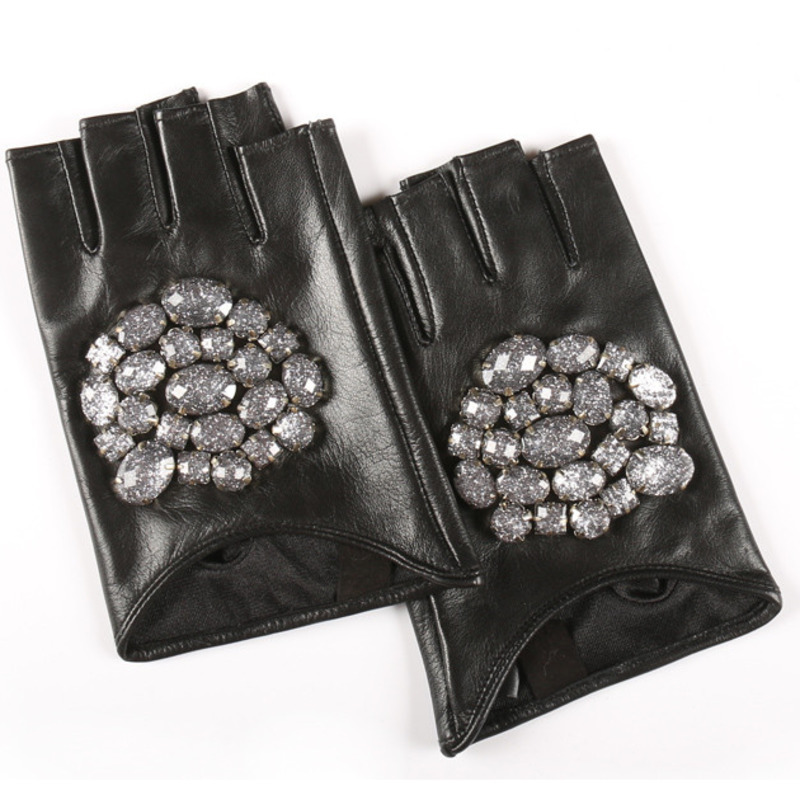 Fashion-2018 Rhinestone Inlay Fingerless Leather Gloves Casual Hot Sale Trendy High Quality Autumn Women All-mathch BE489