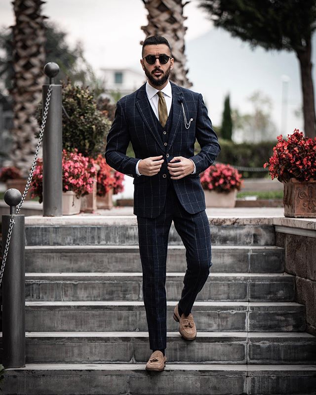 New Black Check Plaid Mens Groom Wedding Suits Groom Double Breasted Peaked Lapel Formal Work Prom Office Blazer Jacket(Jacket+Vest+Pants)