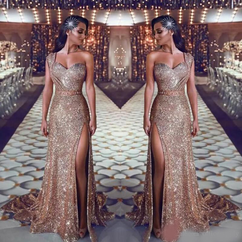 One Shoulder Sweetheart Sequin Mermaid Prom Evening Dresses Ruched Split Beaded Waistband Party Gowns Sweep Train Plus Size Arabic Dresses