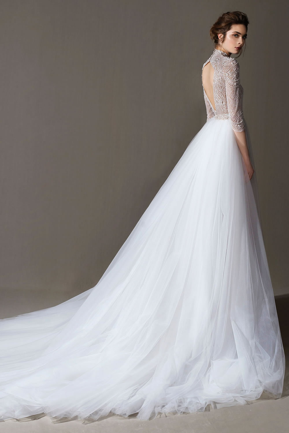 2020 Mermaid Wedding Dress With Detachable Train High Neck Appliqued Beaded Bridal Gown 3/4 Long Sleeves Open Back Ruffle Vestidos De Novia