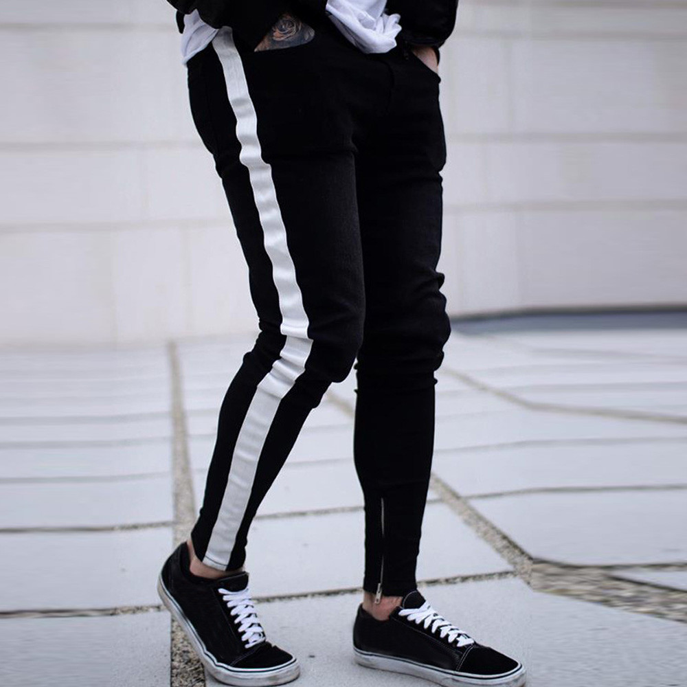Skinny Jeans Men Hip Hop Stripe Elastic Slim Fit Denim Pants Male Stretchy Pencil Bottoms street Knee Ripped Holes Jeans 2019, Black
Skinny Jeans Men Hip Hop Stripe Elastic Slim Fit Denim Pants Male Stretchy Pencil Bottoms street Knee Ripped Holes Jeans 2019, Black