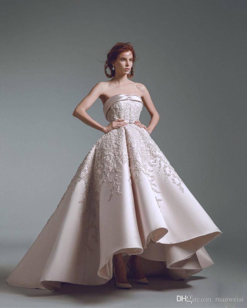 alfazairy high low prom dresses strapless beads lace appliqued satin a line party evening gowns vintage custom formal occasion dress