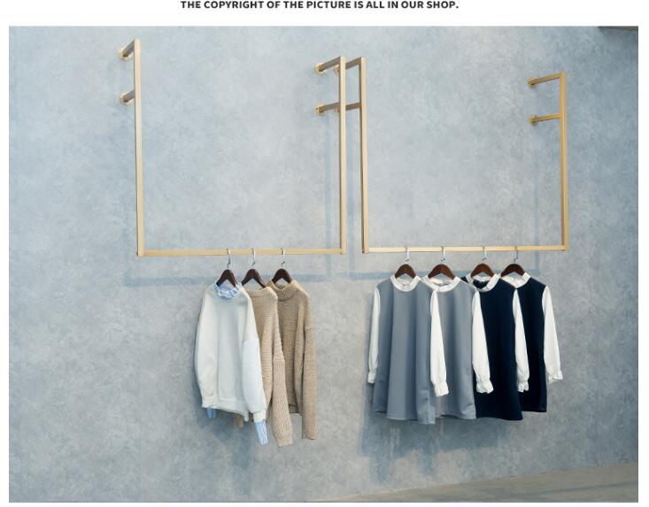 Golden Iron Art Upper Wall Clothing Rack Commercial Furniture Fashion Side-hanging Cloth Hanger for Women's Clothes Shop Wall-hanging Display Rac