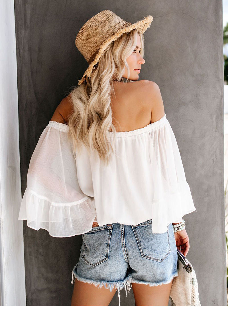 hot sale Sexy Women Casual Boho Off Shoulder Shirt Summer Crop Tops white chiffon shirt trumpet sleeves female harajuku Elegant Blouse