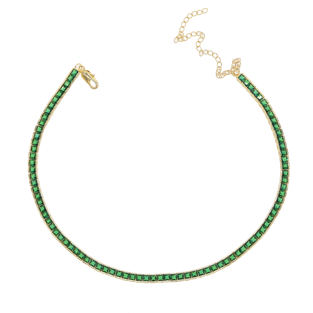 Gold plated green rainbow baguette cubic zirconia 30+10cm choker wedding gorgeous women necklace