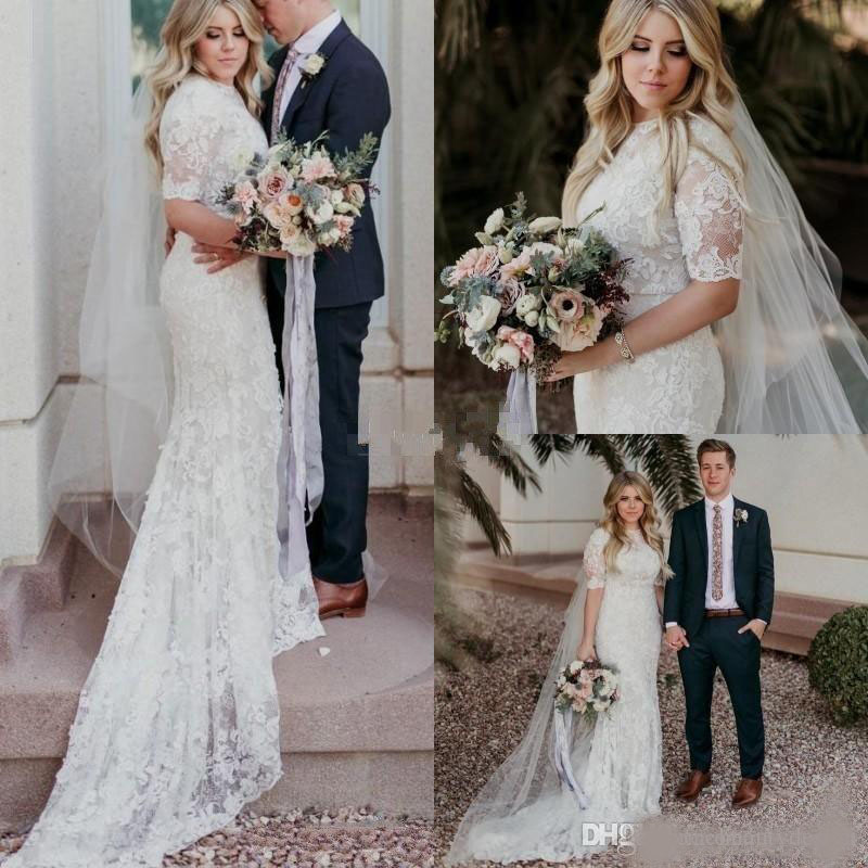 2020 Country Mermaid Wedding Dresses Modest Jewel Short Sleeves Sweep Train Bridal Gowns Lace Applique Plus Size Beach Garden Wedding Dress