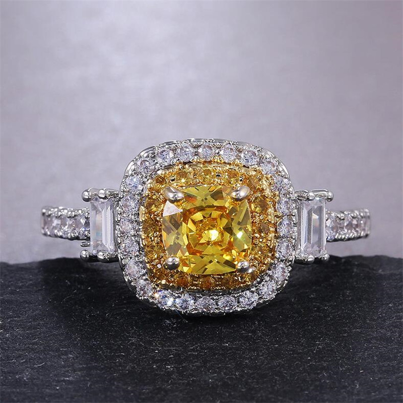 New Sparkling Classical Luxury Jewelry 925 Sterling Silver Yellow Topaz CZ Diamond Pave CZ Promise Women Wedding Engagement Band Ring Gift