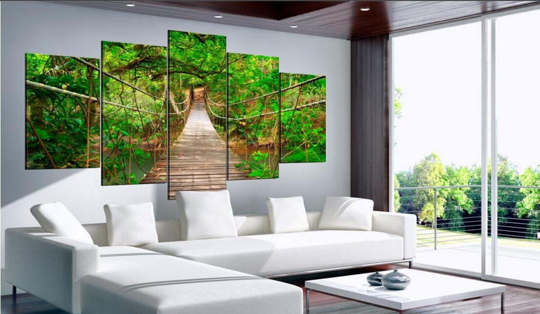 ( No Frame)5PCS/Set Modern Green Landscape Suspension Bridge Art Print Frameless Canvas Painting Wall Picture Home Decoration