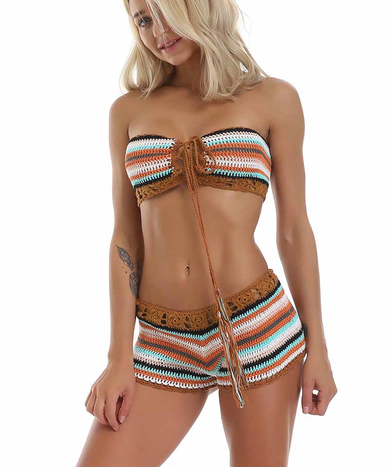 Rainbow Striped Crochet Set Women Summer Swimwear Handmade Sexy Beachwear Hot BOHO Hollow Out Bathing Suits Bandage New B3
