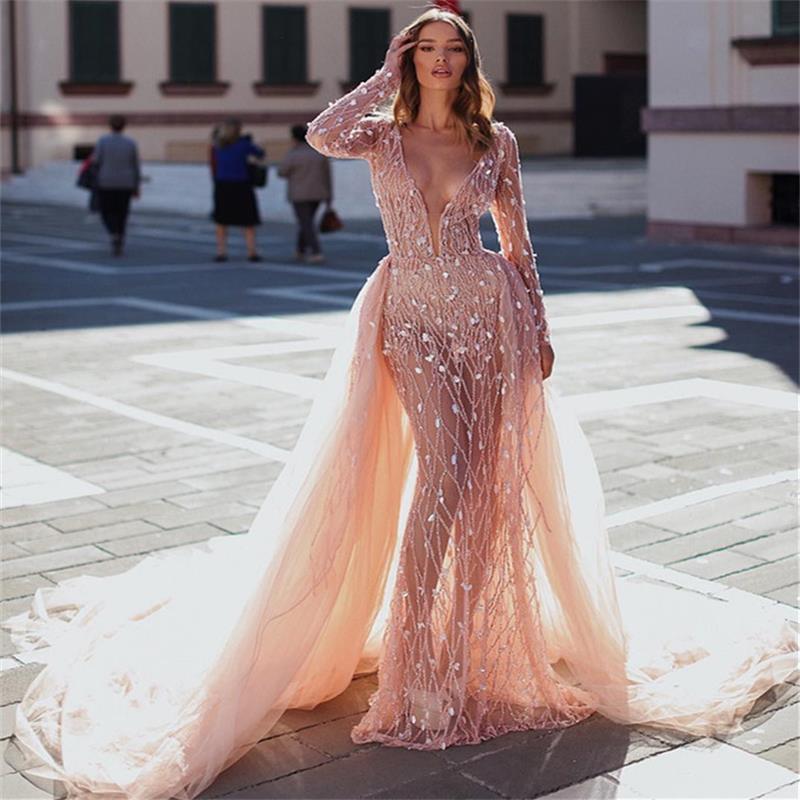 Sexy Sequined Prom Dresses 2019 Deep V Neck Lace Beads Illusion Long Sleeve Evening Gowns With Detachable Train Party Special Occasion Gowns